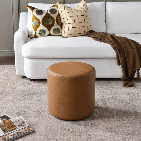 Elof Faux Leather Ottoman - 18" & 24" Round Ottoman | Small Space Furniture | Kinwell Furniture | Leather Accent Stool